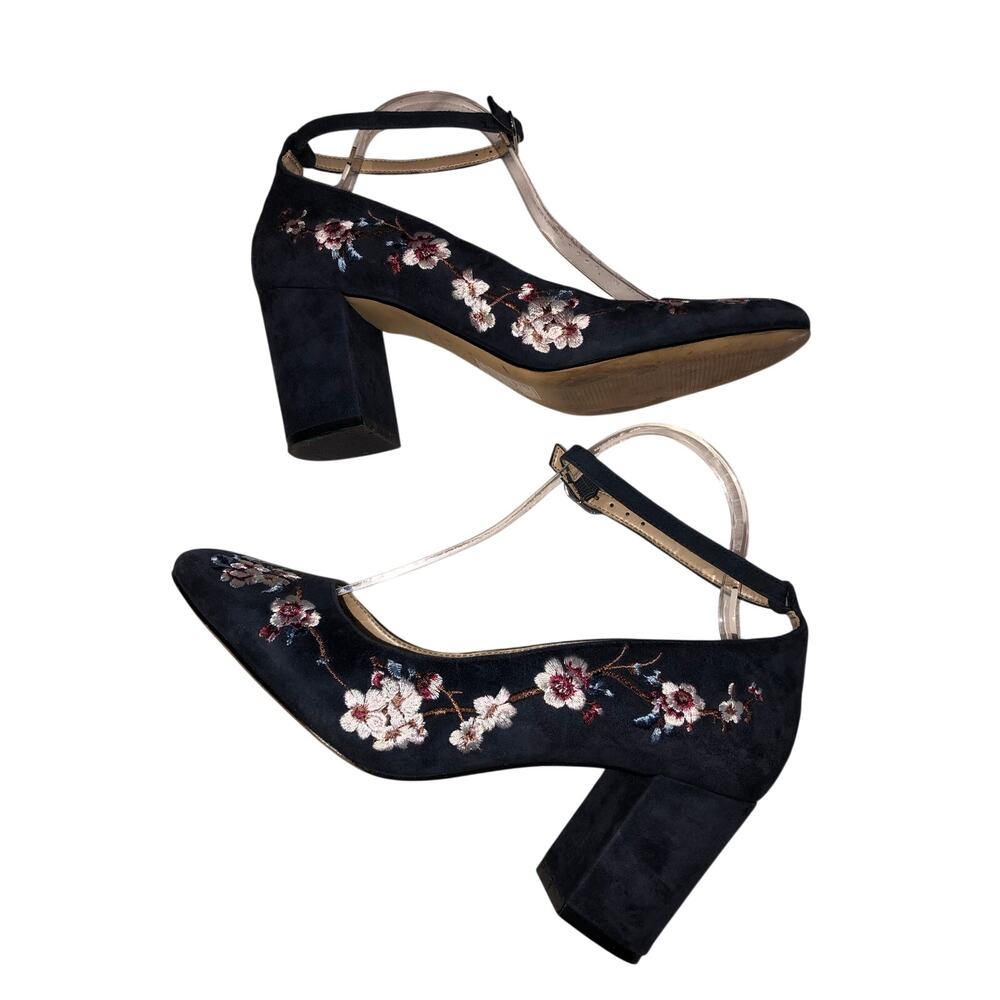 WHBM Bethany Blue Suede Embroidered Floral Block Heels 8.5 Wedding Chunky - Picture 4 of 9